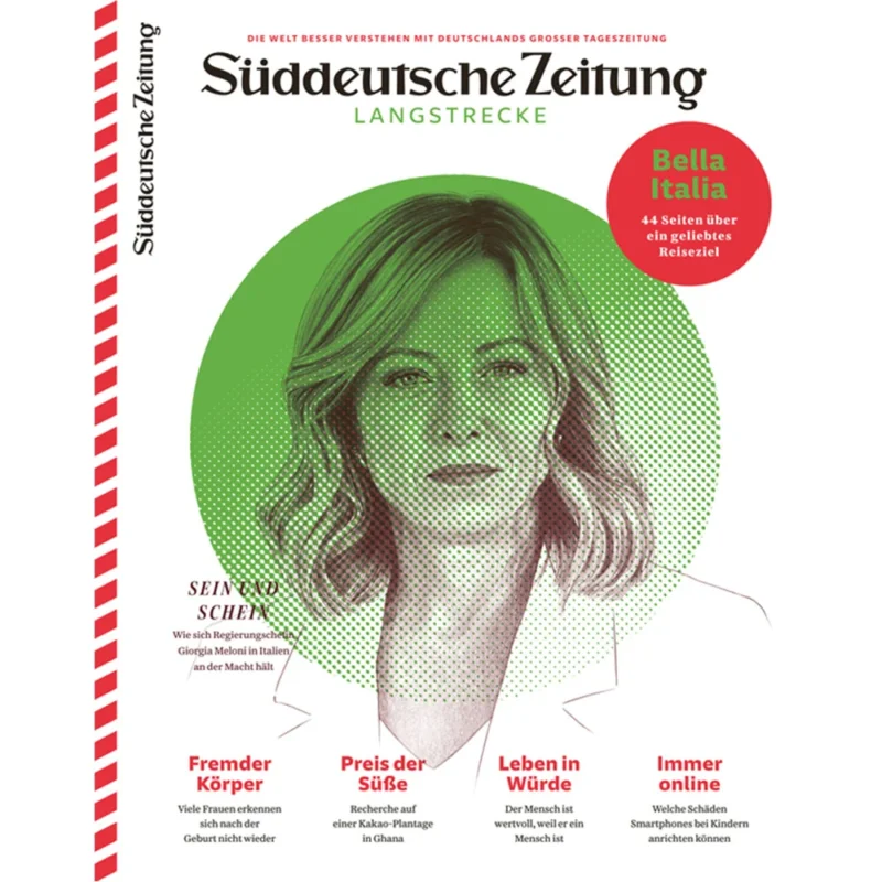 Zeitschriftencover mit einem grün umrandeten Frauenporträt und fettgedruckten Textüberschriften in deutscher Sprache auf weißem Hintergrund.