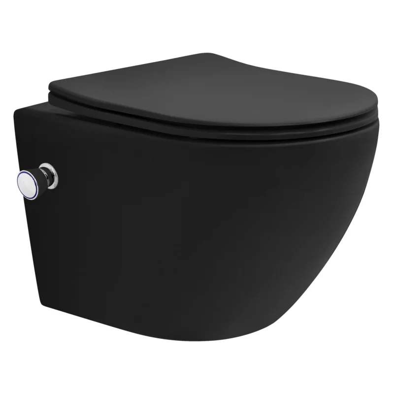 Schwarze Toilette in seitlicher Ansicht auf weißem Hintergrund.