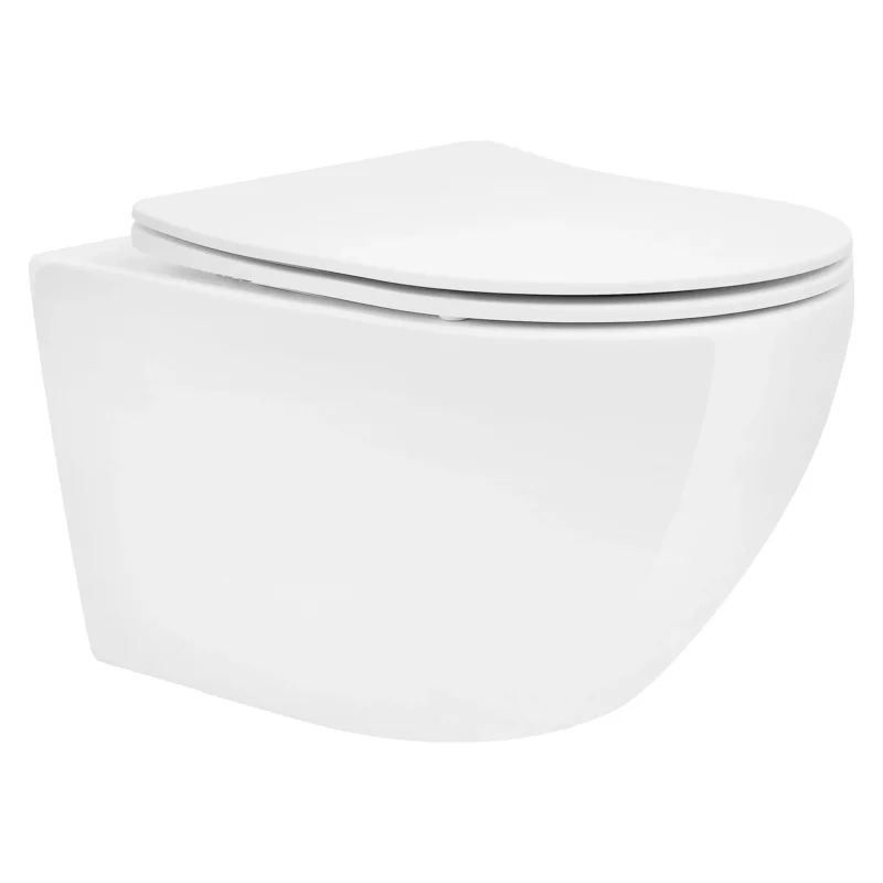 Weiße wandhängende Toilette auf hellem Hintergrund.