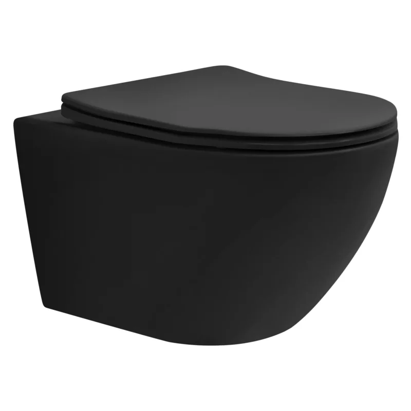 Schwarze Wandtoilette mit abgerundeter Form und ohne sichtbare Spülknöpfe.