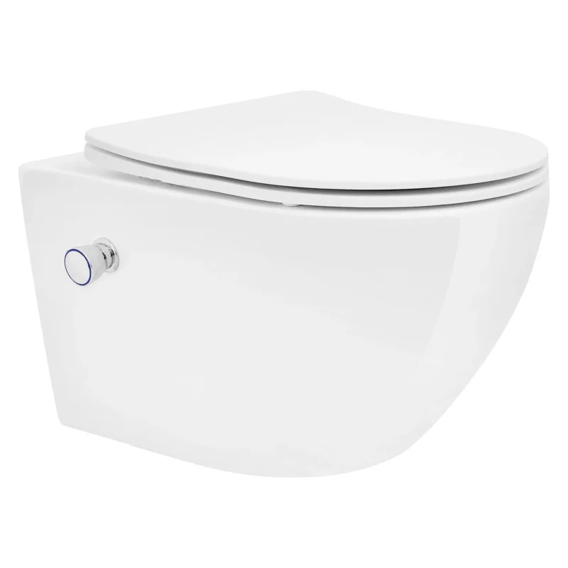 Wandtoilette in Weiß mit runder Form und seitlichem Betätigungsknopf.