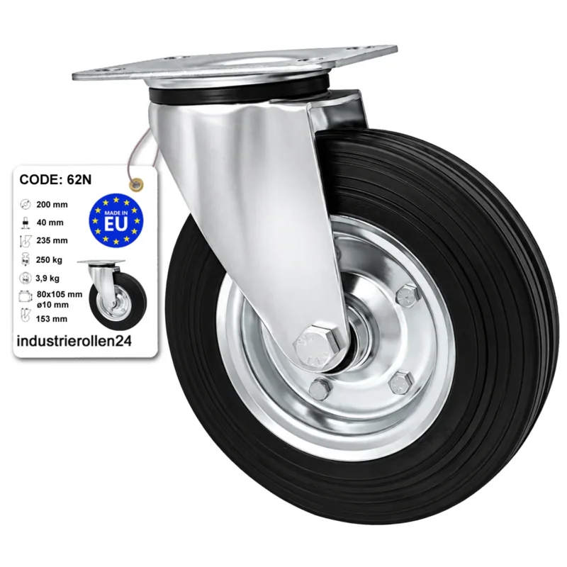 Metall-Gummiräder mit Befestigungsplatte Lenkrolle Ø200 mm mit Platte Code: 62N