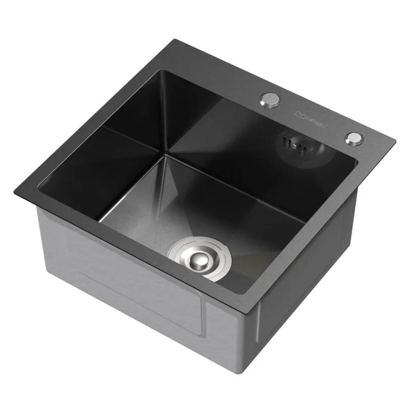 Schwarzes Spülbecken mit Abfluss und zwei Bedienelementen.