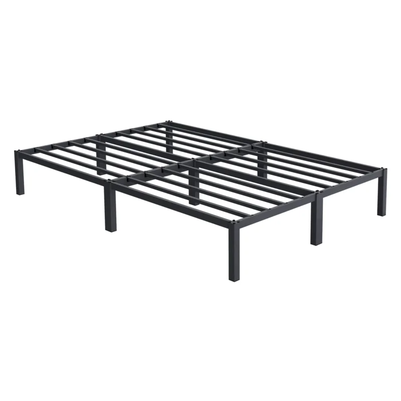 Schwarzes Metallgestell für ein Bett, ohne Matratze.