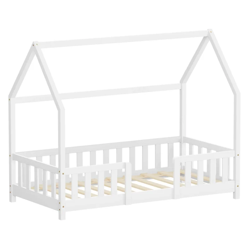 Weißes Kinderbett in Hausform mit offenem Design.