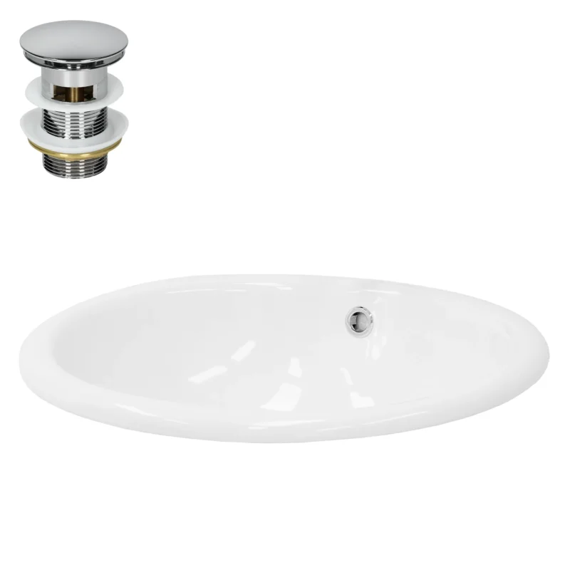 Weiße Badewanne mit Abfluss und verchromtem Ablaufventil.