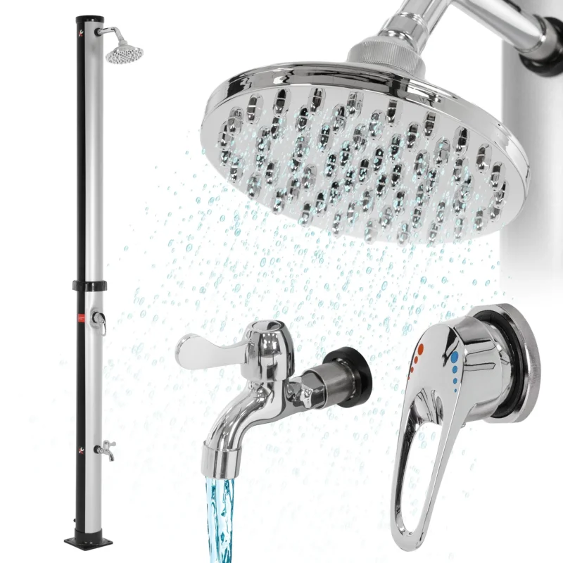 Duschsäule mit Regendusche und Wasserhahn, Wasser spritzt heraus.