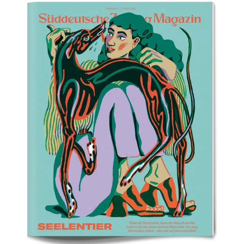 Illustrierte Person, die mit einem stilisierten schwarzen Hund auf der Titelseite des Süddeutsche Zeitung Magazins sitzt.