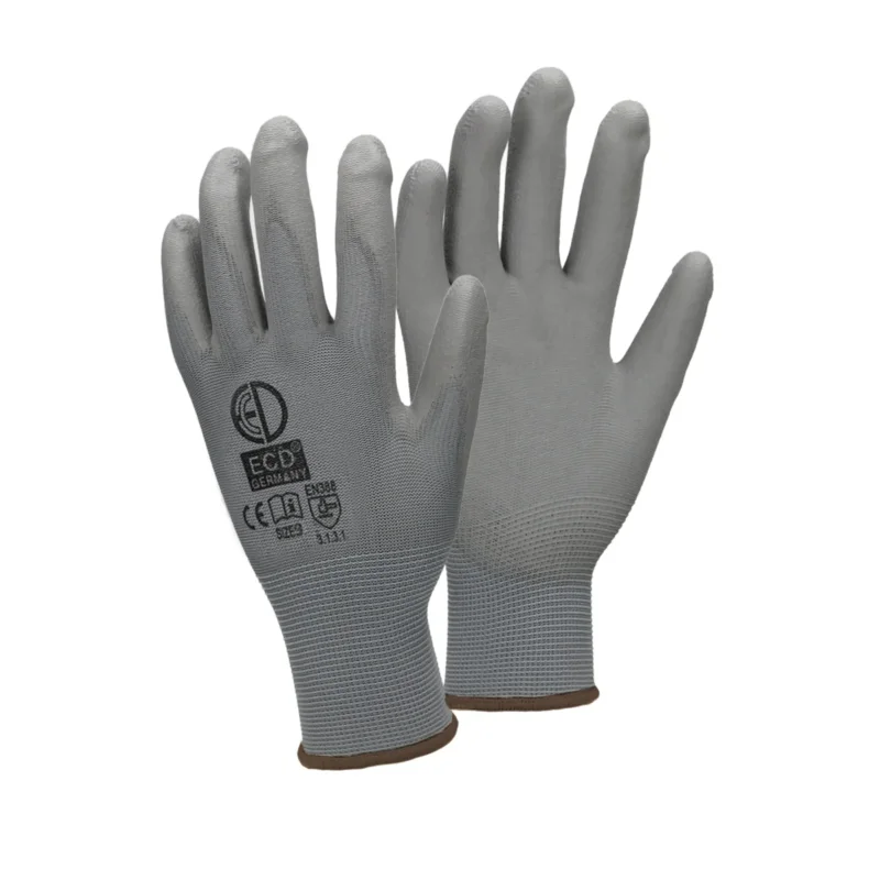 Grauer Mechanikerhandschuh mit elastischem Bund.