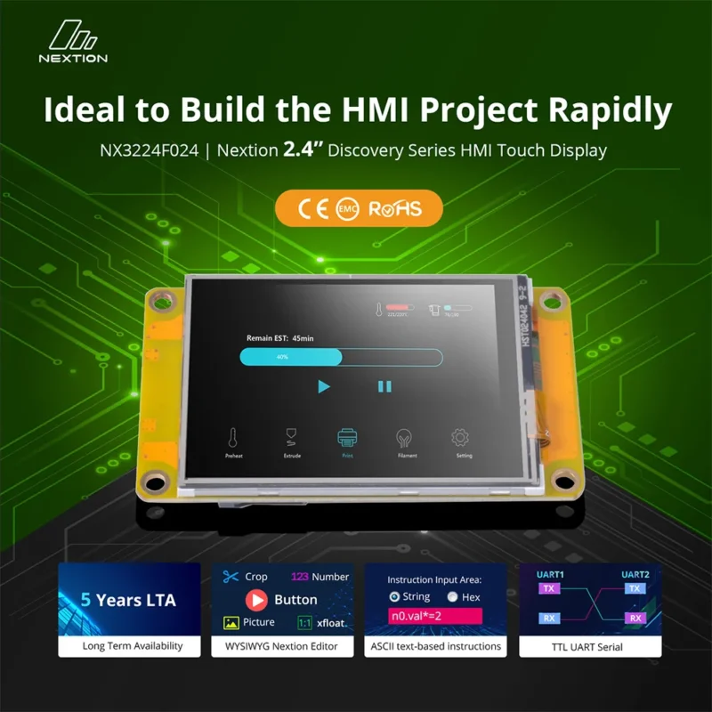 Das Nextion NX3224F024 2,4 Discovery Series ist ein kompaktes HMI-TFT-Display mit resistivem Touchscreen und 64MHz MCU für schnelle Projektentwicklung und nahtlose Interaktion.