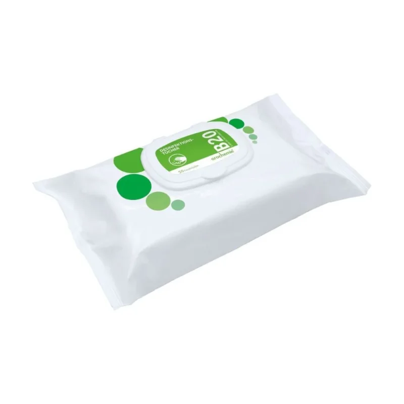 Eine versiegelte Packung Orochemie B 20 Desinfektionstücher von orochemie GmbH + Co KG enthält 50 alkoholfreie Tücher für die Oberflächendesinfektion, mit weißem Flip-Top-Deckel und grünen, kreisförmigen Akzenten auf dem Etikett.