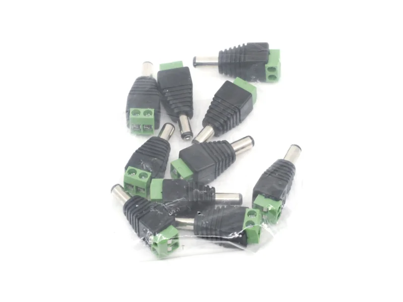 A plastic bag contains a 10-pack of Terminal Block 2-pin > DC-Stecker (5.50 x 2.10 mm) adapters, each with screw terminals for secure, reliable connections.