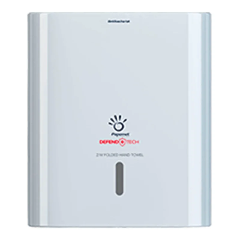 Ein glänzender, weißer Papierhandtuchspender mit der Marke Sofidel Germany GmbH und dem roten „DEFEND TECH Z-Folded Hand Towel“ neben einem Handabdruck-Logo. Das Design der DEFEND TECH Technologie verfügt über einen vertikalen, durchscheinenden Schlitz zur einfachen Überwachung des Handtuchstands und ist daher perfekt für Papernet Falthandtücher geeignet. Produktname: Papernet Antibakterieller Spender für Z/W-Falz Falthandtücher mit Defend Tech Technologie | Karton (1 Packung).