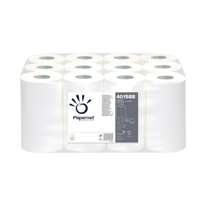 Eine Packung Papernet Centrefeed Handtuchrollen von Sofidel Germany GmbH enthält 12 weiße, zylindrische Rollen, umhüllt mit transparentem Kunststoff. Diese Rollen sind für eine sanfte Innenabrollung konzipiert. Das Etikett enthält Produktdetails wie einen Barcode und die Artikelnummer 401588.