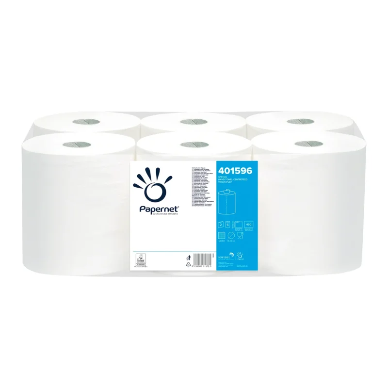 Die Verpackung der Sofidel Germany GmbH umfasst sechs weiße Papierhandtuchrollen mit einem blauen Etikett mit der Aufschrift „Papernet Rollenhandtuch Special 401596“. Das Etikett enthält Abbildungen und Produktdetails und betont das Rollenhandtuch-Design und die Zellstoff-Qualität für hervorragende Saugfähigkeit.