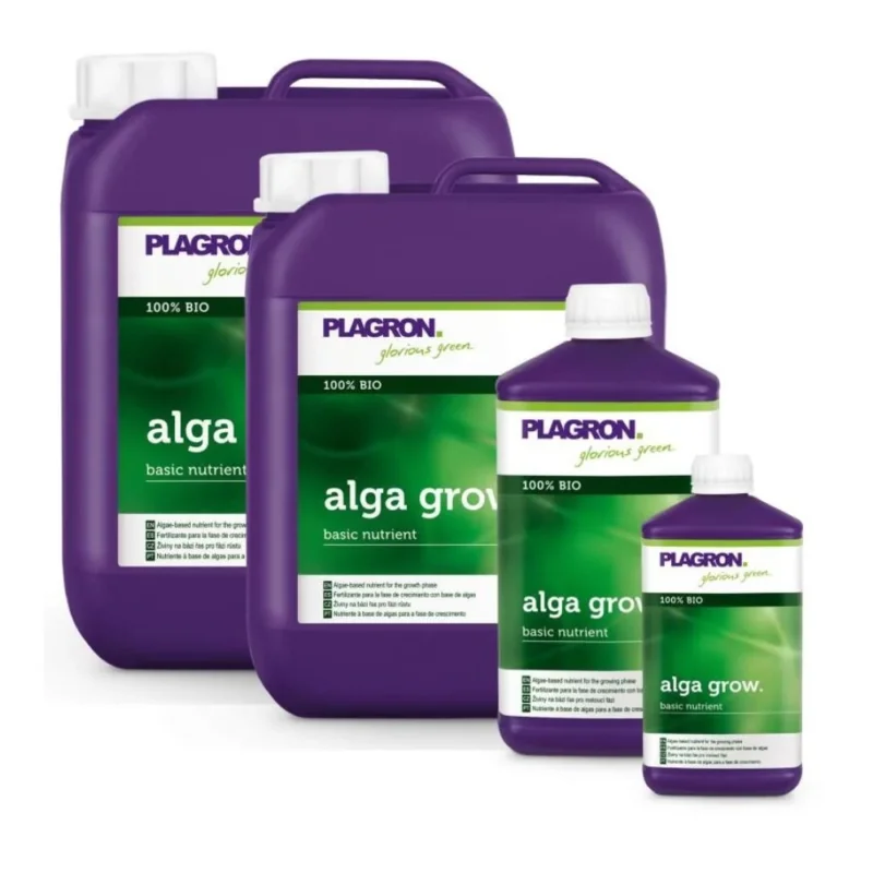 Vier Behälter mit Plagron Alga Grow Natürlicher Wachstumsdünger von Bertels B.V. umfassen zwei große violette Krüge und zwei kleinere Flaschen. Grüne und weiße Etiketten zeigen „100 % Bio“ und betonen seine Rolle als wichtiger Grundnährstoff für Ihren Garten.