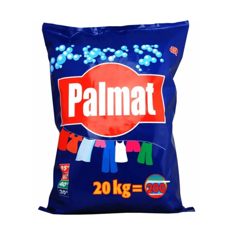 Eine blaue Verpackung des für Großverbraucher konzipierten Universalwaschmittels Rösch Palmat ziert ein rotes Kreislogo, das mit Bildern bunter Kleidung und dem Text „20 kg = 200“ verziert ist. Symbole an der Seite geben die empfohlenen Waschtemperaturen für dieses Vollwaschmittel an.