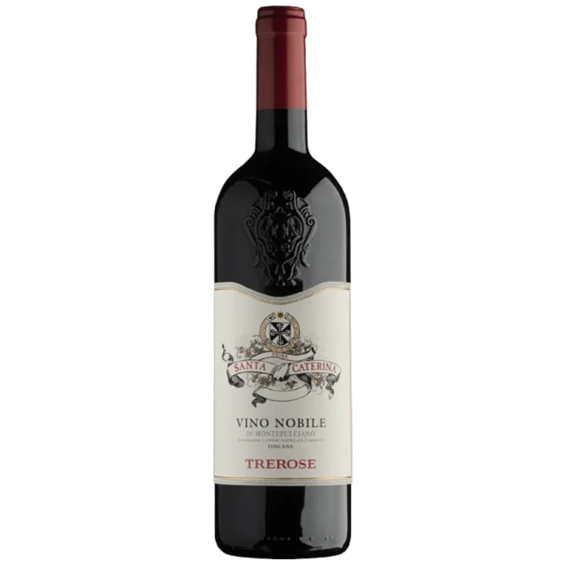 Eine Flasche Trerose Vino Nobile di Montepulciano Rotwein mit rotem Verschluss und cremefarbenem Etikett.