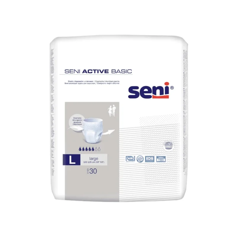 Eine Packung mit 30 Seni Active Basic Inkontinenzpants (Größe M-XL) der TZMO Deutschland GmbH wird auf weißem Hintergrund mit Produktinformationen, Funktionssymbolen für den Blasenschwächeschutz und einer Windelillustration abgebildet.