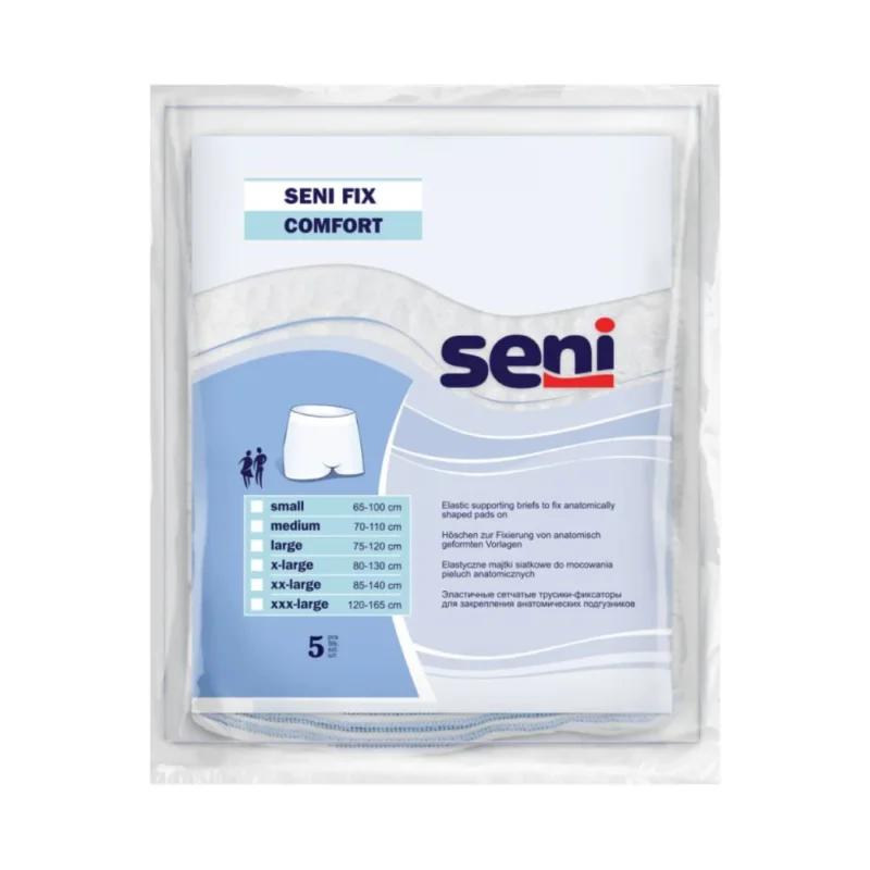 Die weiß-blaue Verpackung der elastischen Fixierhöschen „Seni Fix Comfort“ der TZMO Deutschland GmbH zeigt Größenoptionen von Small bis XXX-Large mit den entsprechenden Taillenmaßen in Zentimetern und unterstreicht so den Komfort und die Unterstützung dieser hochwertigen Inkontinenzprodukte.