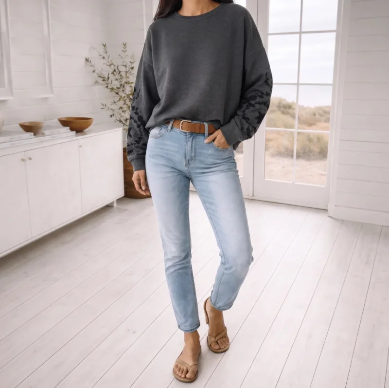 Sweatshirt mit Stickerei - Grau Oversize