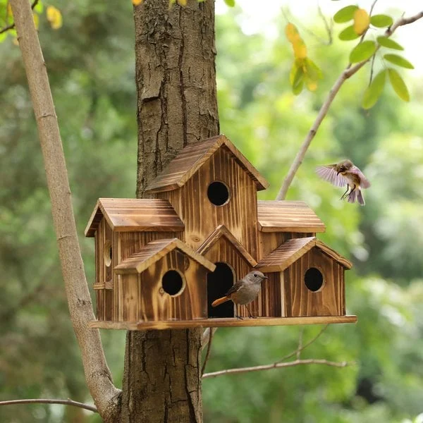 Brehn | SongbirdHaven Handgefertigtes Vogelhaus aus Holz mit 6 Eingängen für Ihren Garten