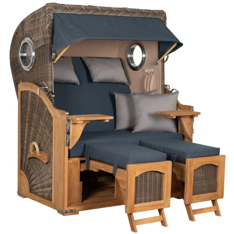 Strandkorb Mr. Deko Düne Grande 2,5 Sitzer Bullaugen aus Teak mit PE grey Stoff und gemütlicher Polsterung.