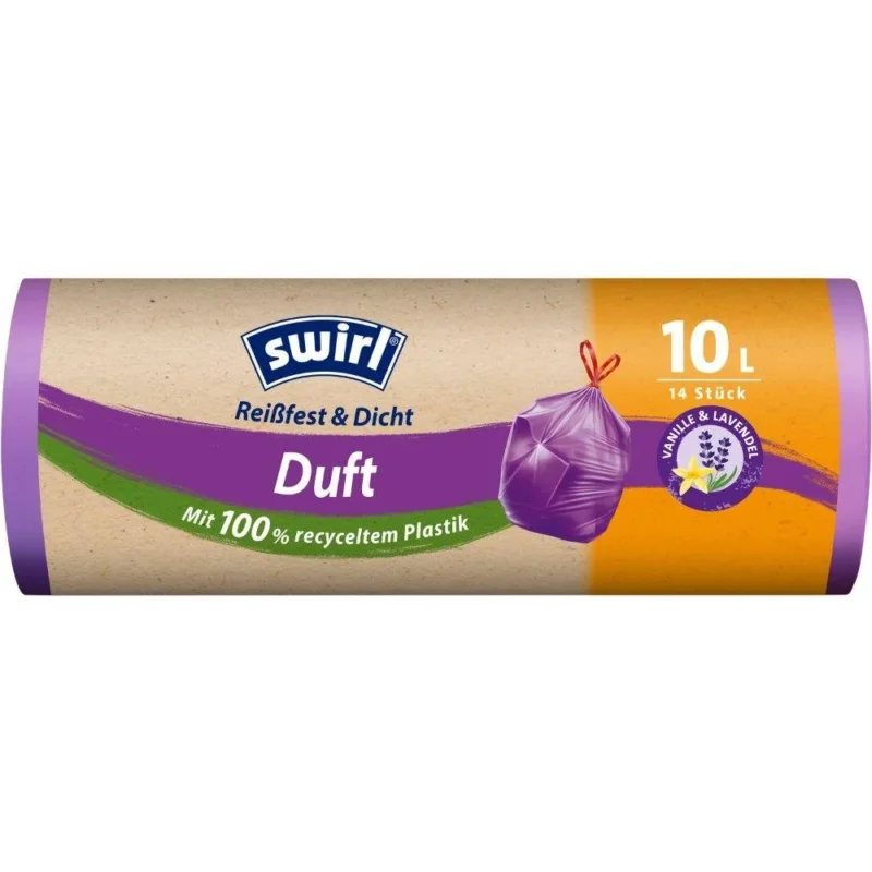 Eine Rolle Swirl Duft-Müllbeutel Vanille-Lavendel 10l (14 Beutel) von Melitta Europa GmbH & Co. KG aus 100 % Recycling-Kunststoff mit Vanille-Lavendel-Duft und Lavendelblüten-Design.