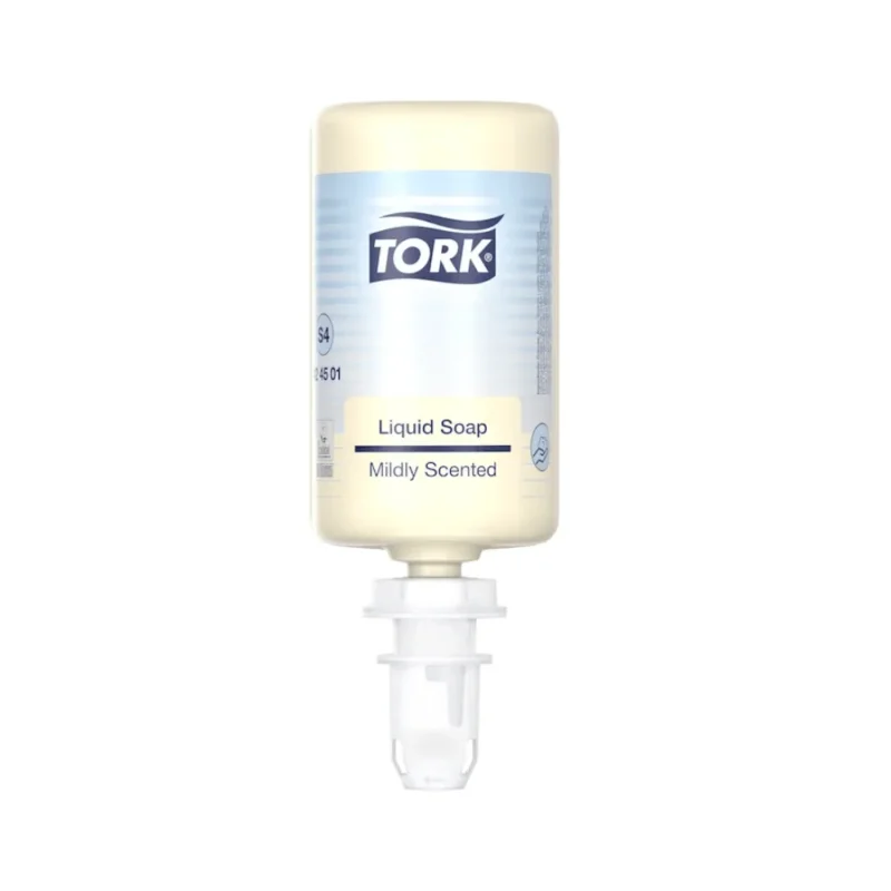 Eine transparente Flasche Tork 424501 Flüssigseife mit mildem Duft und dermatologisch getesteter Formel steht kopfüber, die Dosierdüse ist deutlich sichtbar unten. Auf dem blau-weißen Etikett ist der Markenname „TORK“ von Essity Professional Hygiene Germany GmbH deutlich zu sehen.