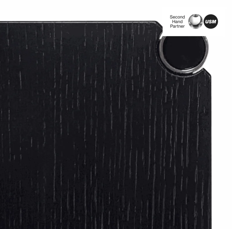 USM Haller Tisch black oak tabletop corner with chrome detail