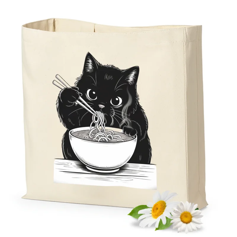 Schwarze Katze mit Nudeln, Baumwolltasche, cremefarben.
