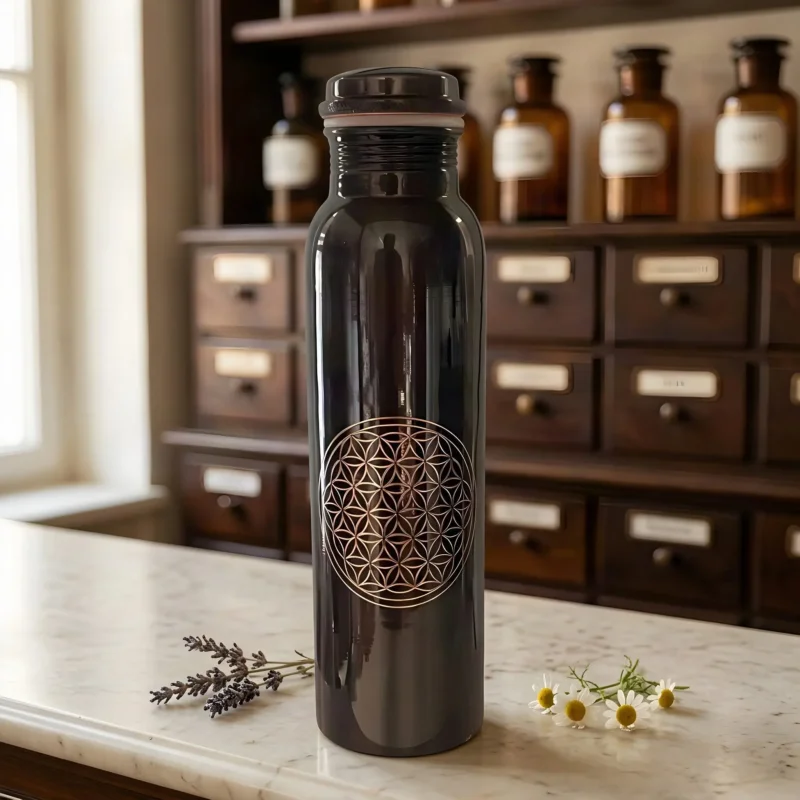 Antik-dunkle Kupfer-Trinkflasche mit gravierter Blume des Lebens auf Marmortheke vor Apothekerschrank – Spirit of Gaia
