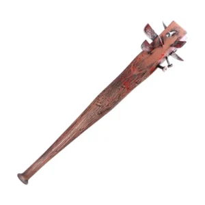 Batte ensanglantée marron avec clous et taches de sang