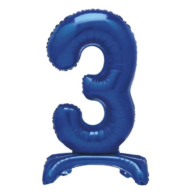 Blauwe Cijfer Ballon 3 Jaar Met Standaard 76cm van Unique koop je bij Partywinkel