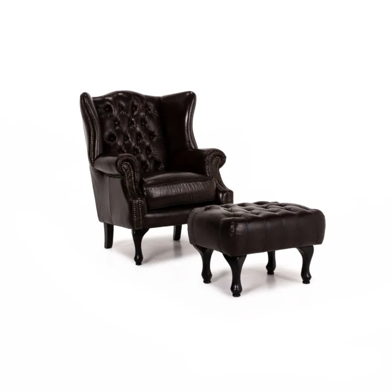 Chesterfield Leder Sessel inkl. Hocker Dunkelbraun Braun Retro Vintage #13707