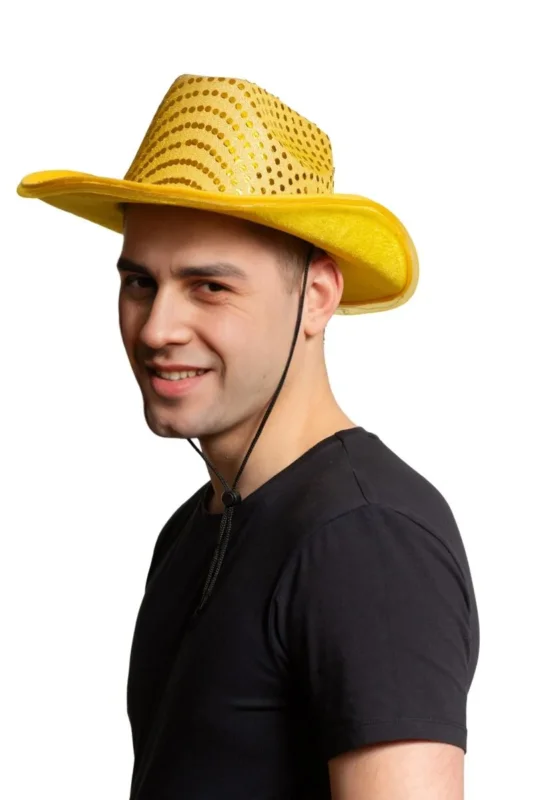 Cowboy Hoed Pailletten met licht incl Batterijen Goud van Partychimp koop je bij Partywinkel