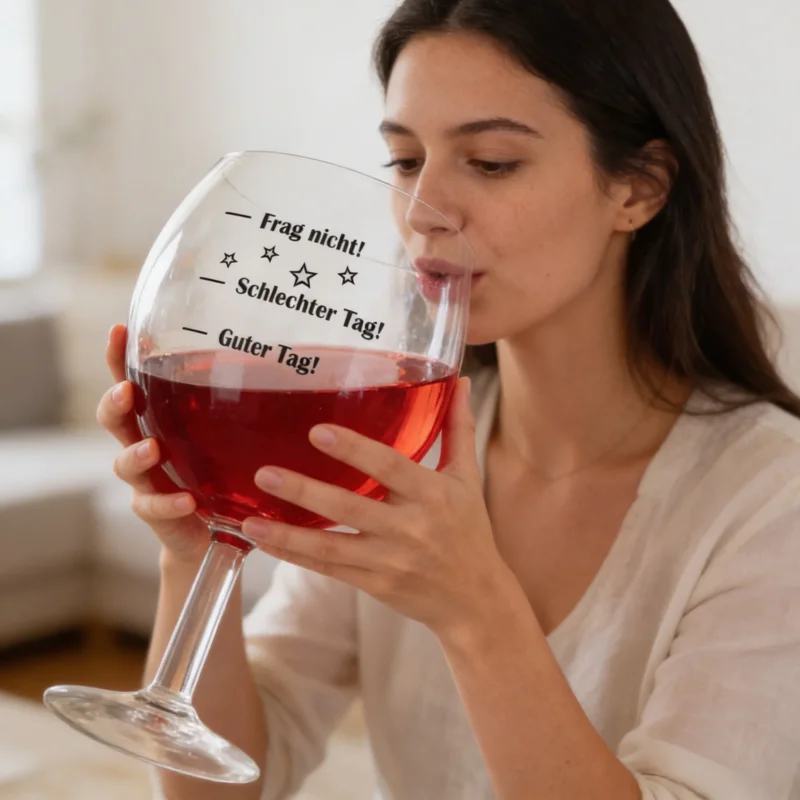 Frau trinkt aus riesigem XXXL Weinglas mit Stimmungsbarometer und Rotwein, lustiges Scherzglas mit 3 Litern Fassungsvermögen