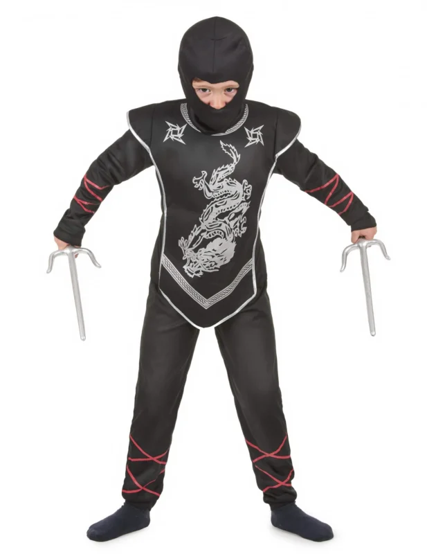 Déguisement ninja dragon argenté pour garçon noir et argent avec rubans rouges
