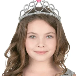 Diadème princesse cœur pour adulte et enfant argenté avec pierre rose