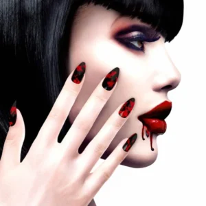 Faux ongles adhésifs Halloween pour femme noirs et rouges ensanglantés