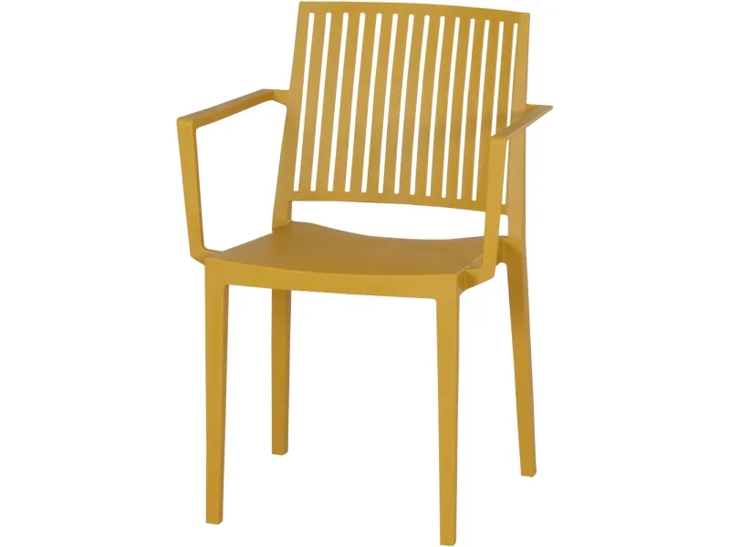 Der Siena Garden Stapelsessel Lane Mustard ist ein stilvoller gelber Kunststoffstuhl aus recycelbarem Polypropylen mit Armlehnen und Lattenrückenlehne für eine Kombination aus Haltbarkeit und modernem Design.