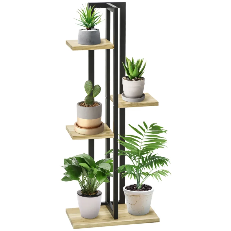 easycomfort easycomfort portapiante a 4 ripiani dallo stile industriale in legno di abete e metallo 45x25x110 cm nero e color legno
