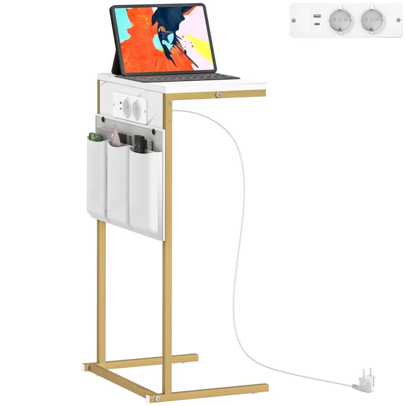 easycomfort easycomfort tavolino da salotto a forma di c effetto marmo con prese di corrente e usb integrate bianco