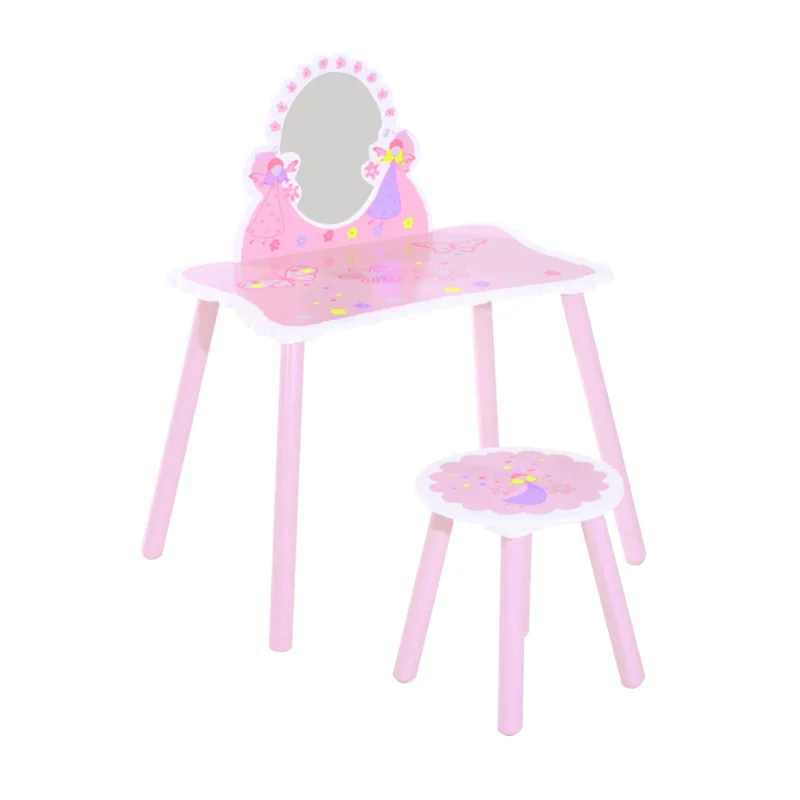 easycomfort easycomfort toeletta per bambini con sgabello in legno tavolo trucco con specchio moderno e cassetto 59l x 39p x 77a cm rosa