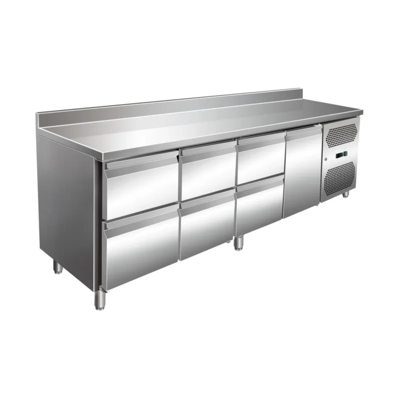 VIP Kühltisch mit 3x 2 Schubladen und 1 Tür und Aufkantung -2 bis +8°C 2.230x600x960 mm von A & S Gastro – Kühltische für die Gastronomie