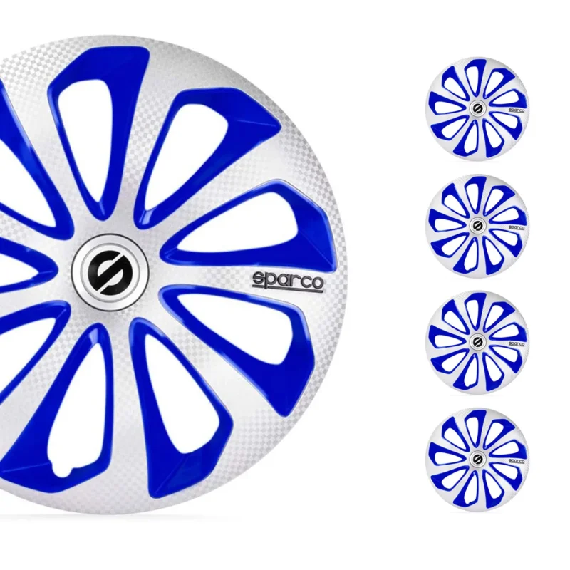 Radkappen Radzierblenden Sparco Sicilia 14" Zoll Abdeckung Silber Blau Carbon 4x