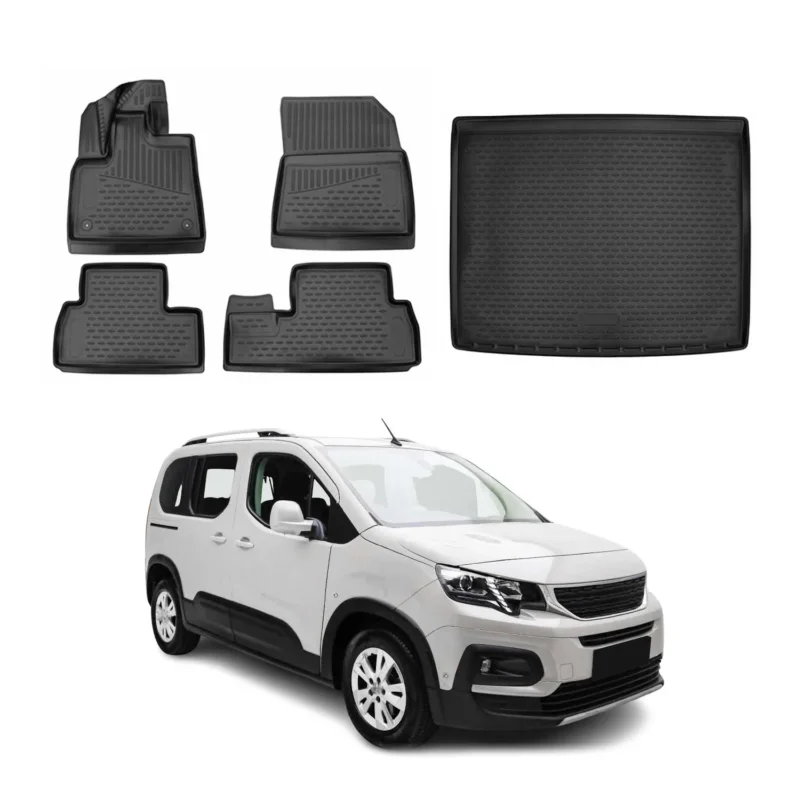 Fußmatten & Kofferraumwanne Set für Peugeot Rifter 2018-2024 L1 Schwarz