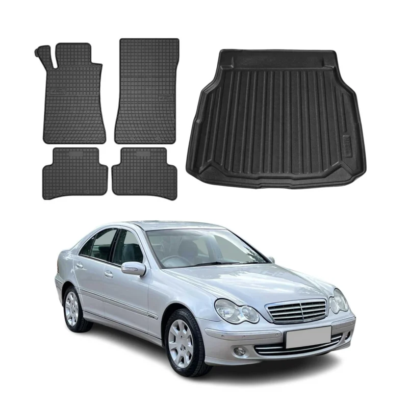 Fußmatten & Kofferraumwanne Set für Mercedes C Klasse W203 2000-2007 Gummi 5x