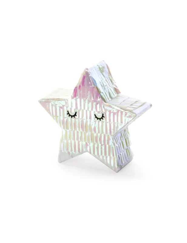 Vue rapprochée sur fond rose de la mini piñata étoile pour décoration iridescente