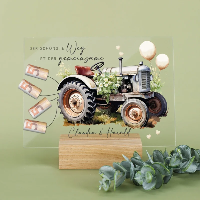 Personalisierbares Acrylschild mit Retrotraktor und Blumenmotiv zur Hochzeit